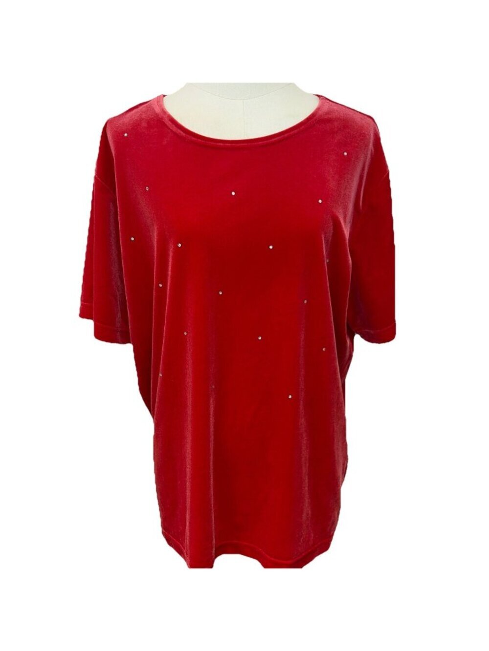 Quacker Factory Short Sleeve Sequin Top Size L Red Velour Stretch Sparkle Party